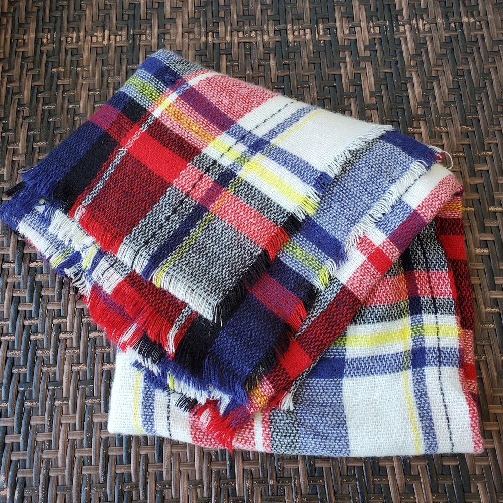 Plaid Large Blanket Scarf Wrap Frayed Hem